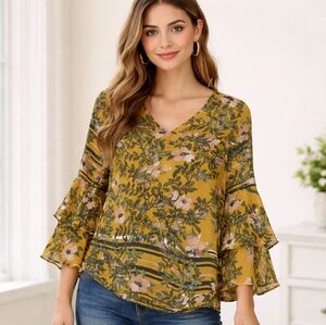 CAbi Yellow Floral Bell Sleeve Blouse Spring Scene #5518 Size Small